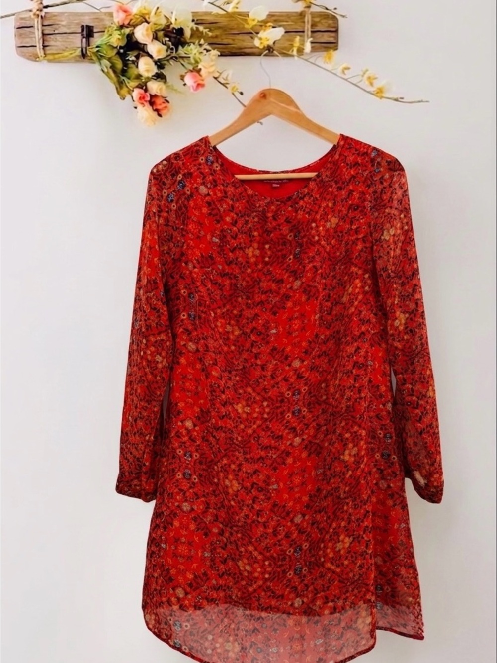 French Atmosphere Red Floral Long Sleeve Tunic
